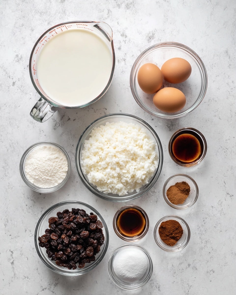 The image shows nine clear glass bowls and a measuring cup arranged on a white marbled surface. The largest measuring cup at the top left holds white milk. To its right, a small bowl contains three brown eggs. Below the eggs is a bowl filled with white cooked rice with a fluffy texture. To the left of the rice is a bowl filled with white granulated sugar. Below the sugar is a bowl of dark brown raisins. To the right of the raisins are three small bowls with different spices: one with light brown cinnamon powder, one with darker brown powder, and one with white salt. A small bowl near the bottom center holds a dark amber liquid, possibly vanilla extract. The bowls and measuring cup are evenly spaced and neatly arranged. Photo taken with an iphone --ar 4:5 --v 7