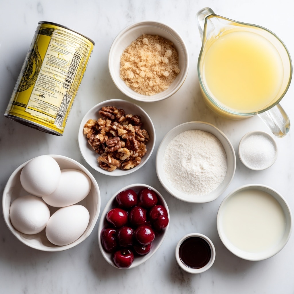 The image shows an overhead view of various ingredients neatly arranged on a white marbled surface. There are three white eggs placed together in the bottom left corner, next to a small white dish filled with bright red cherries. Above these is a small white bowl with chopped nuts that have a medium brown color and rough texture. Above that is a golden brown bundt pan with a hole in the center. To the right, there is a clear pitcher with pale yellow liquid, likely juice. Nearby, a white bowl contains a light brown crumbly mixture, possibly brown sugar. Above is a small white bowl with a white powder, likely flour, and next to that a smaller white bowl with salt and other white powders. Another white bowl holds a white liquid, possibly milk or cream. At the bottom right, a tiny white dish holds dark brown liquid, likely vanilla. The ingredients and containers form a balanced, clean layout on the white marbled surface. Photo taken with an iphone --ar 4:5 --v 7