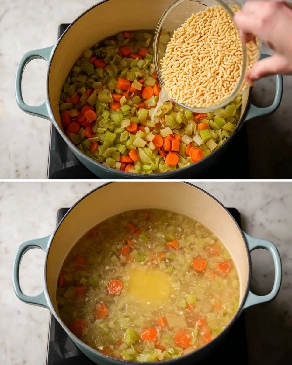 The image shows two stages of cooking in a light blue pot with white inside, placed on a black surface with a white marbled background. The first stage shows a mix of diced green celery, orange carrots, and bits of onion sautéed in the bottom of the pot with a soft yellow dollop in the middle. In the second stage, the sautéed vegetables are covered by a light yellowish broth with larger visible pieces of carrots and celery floating. A woman's hand is pouring a clear bowl of dry, small pale yellow pasta into the pot. Photo taken with an iphone --ar 4:5 --v 7