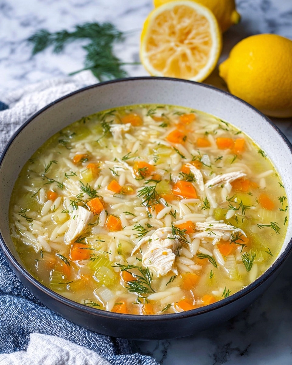 A blue bowl filled with soup showing three layers: a clear yellow broth on top, chopped orange carrot pieces and small light yellow pasta pieces scattered throughout the middle, and chunks of white chicken mixed with green herbs spread evenly all over. Two bright yellow lemons sit behind the bowl on a white marbled surface, with some green herbs scattered around. Photo taken with an iphone --ar 4:5 --v 7