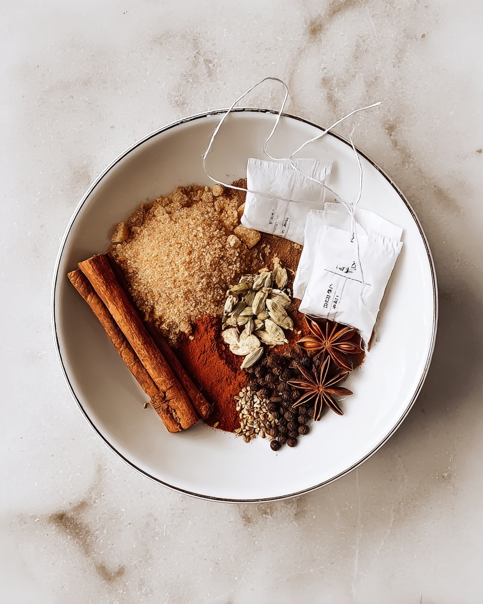 A white round bowl sits on a white marbled surface, containing various spices arranged in small groups: a mound of light brown sugar with a crumbly texture on the left, two white tea bags resting on the top right side, a thick cinnamon stick positioned horizontally near the center, a single star anise with layered pointed petals near the right edge, and small piles of cardamom pods, cloves, and black peppercorns toward the bottom center. The spices have different shades of brown, beige, and dark seeds creating rich color contrast. photo taken with an iphone --ar 4:5 --v 7