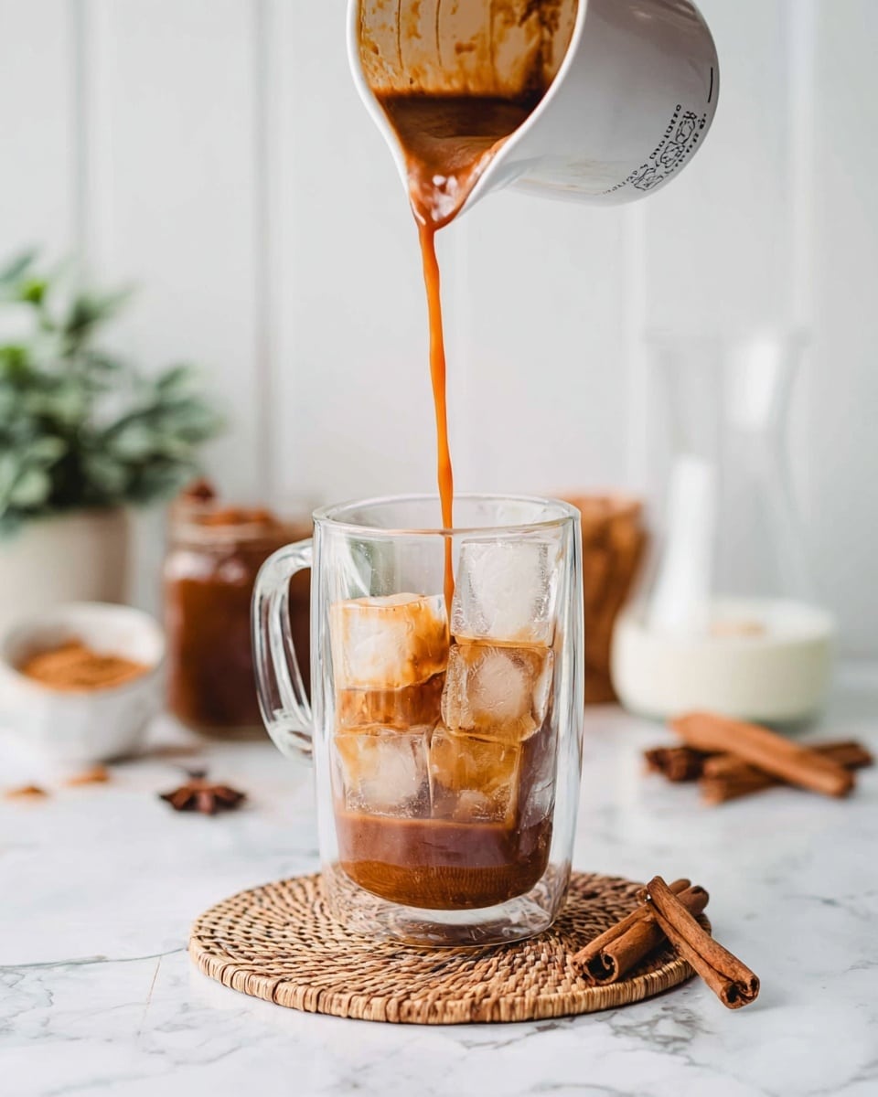 The image shows a clear glass cup filled with stacked light brown ice cubes inside. A dark brown liquid is being poured from a white measuring cup into the glass, pouring over the ice cubes. The glass sits on a round woven coaster on a white marbled surface. In the background, there is a small potted plant, a white bowl with cinnamon sticks, a small glass carafe with white liquid, and a brown jar. Two cinnamon sticks are placed next to the coaster. The overall scene is bright with soft natural light. photo taken with an iphone --ar 4:5 --v 7