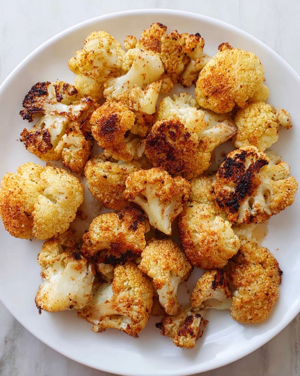 A white plate filled with roasted cauliflower pieces of different sizes, each piece showing a golden-brown color with some darker charred spots across the surface. The cauliflower texture looks slightly crispy on the outside with seasoning visible as light reddish and black specks. The cauliflower pieces are scattered loosely on the plate, revealing white inner sections and edges. The plate rests on a white marbled textured surface photo taken with an iphone --ar 4:5 --v 7