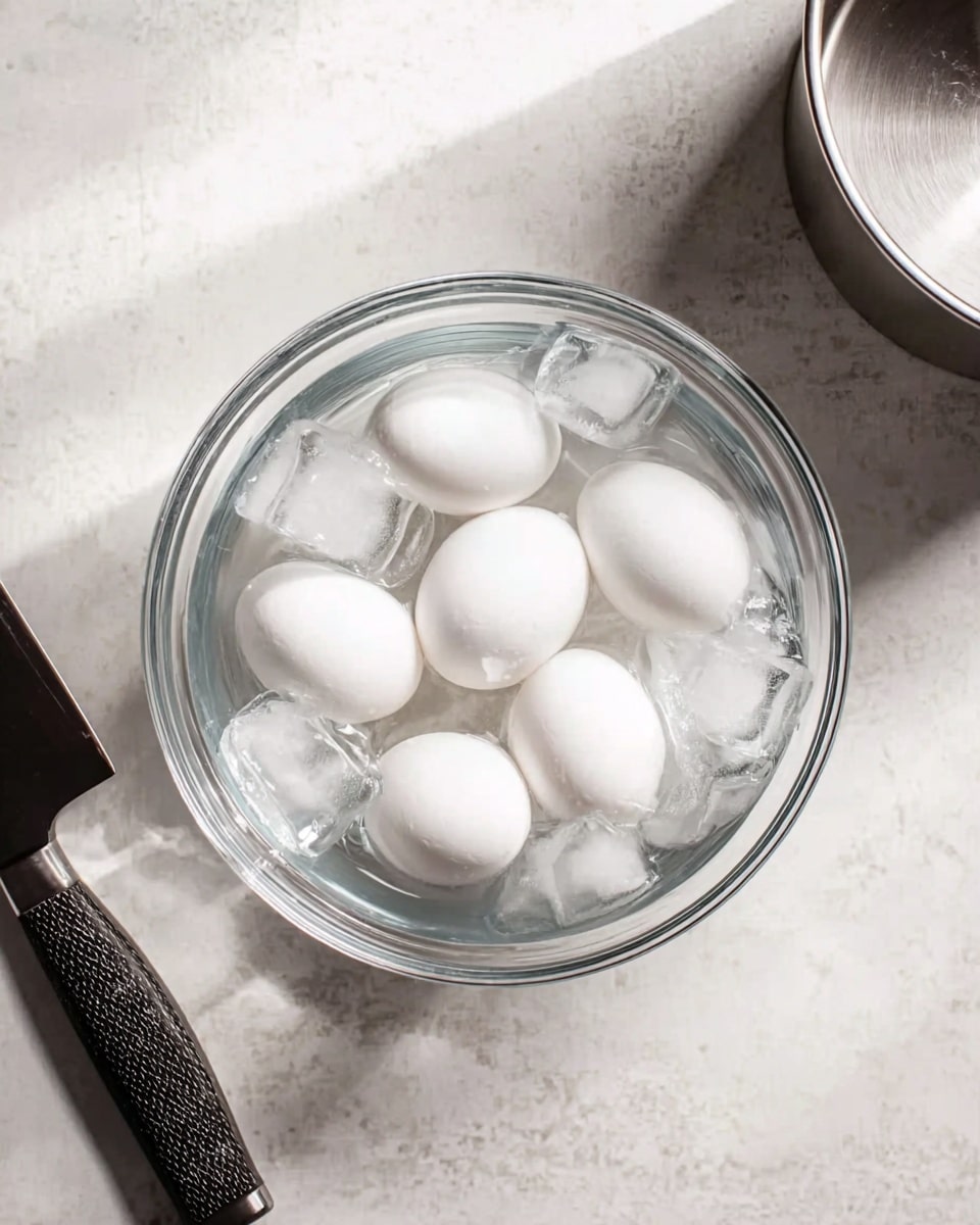 A clear glass bowl filled with six white eggs submerged in water with ice cubes floating around them, placed on a white marbled surface. To the left of the bowl is a black knife with a textured handle, and to the right, there is a stainless steel pot visible on the same white marbled surface. The lighting softly highlights the smooth texture of the eggs and the ice, creating a clean, fresh look. photo taken with an iphone --ar 4:5 --v 7