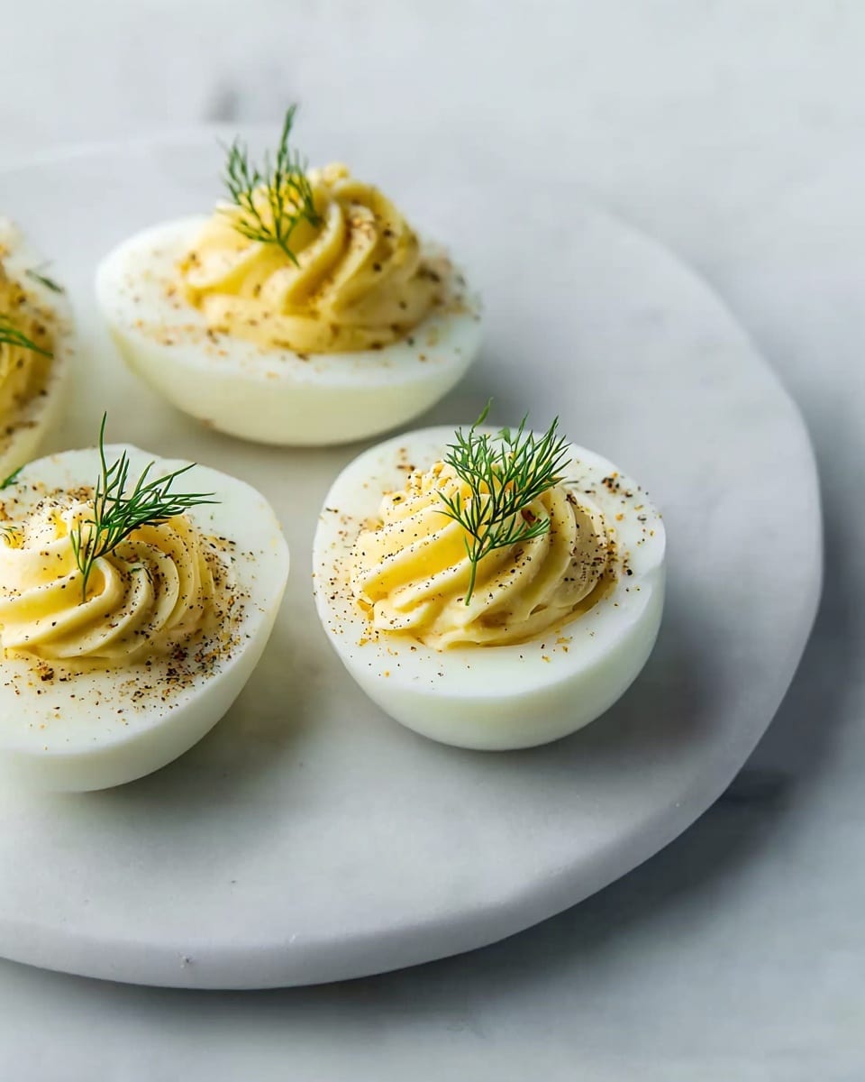 The image shows four deviled eggs arranged on a white plate with a smooth white marbled surface underneath. Each deviled egg has a white outer egg white layer, topped with a smooth, pale yellow creamy filling in the center that is slightly swirled. A small sprig of green dill herb is placed on top of each filling, and there is a light sprinkle of black pepper over the eggs. The scene is simple with soft natural light, capturing the texture and freshness of the dish. photo taken with an iphone --ar 4:5 --v 7