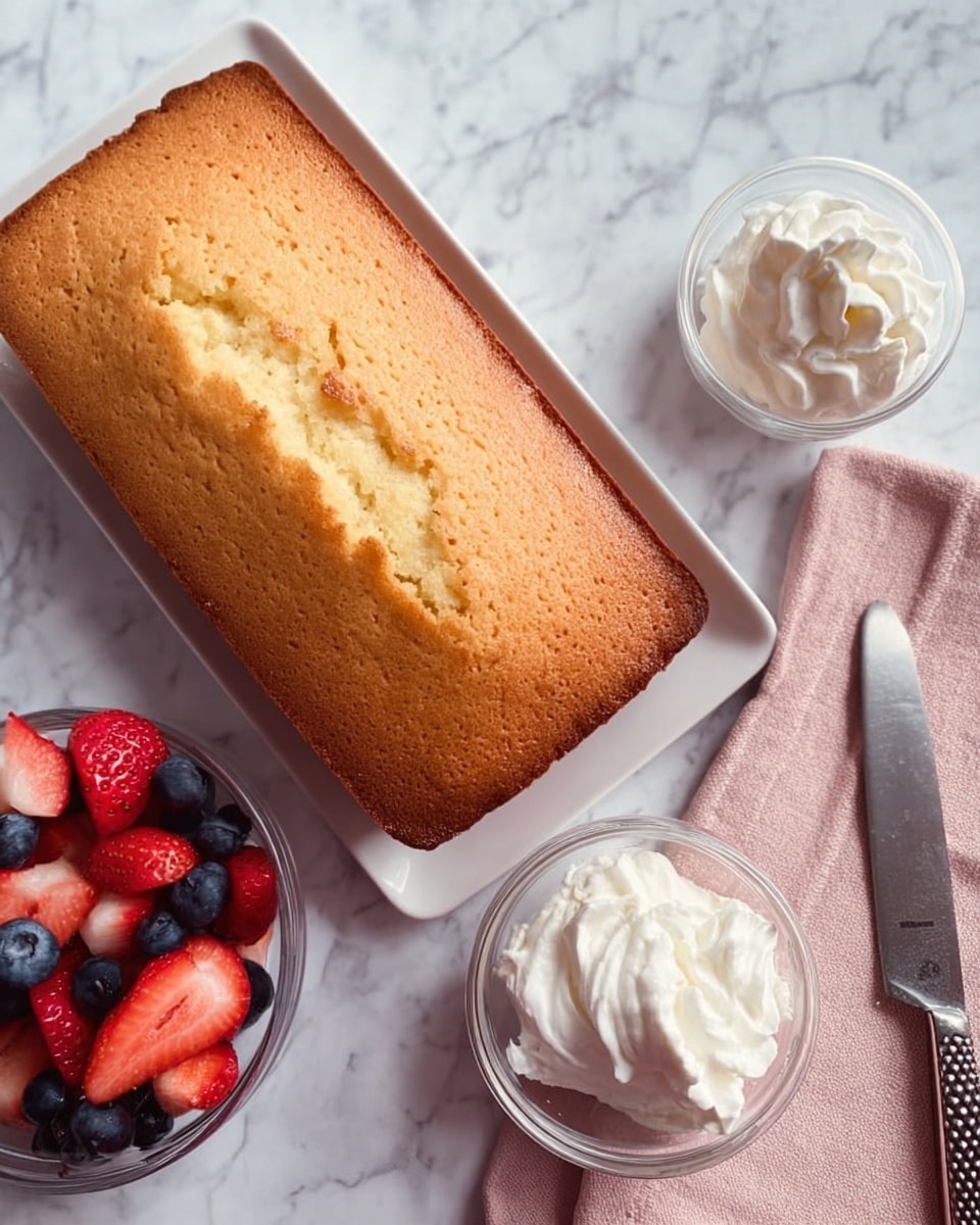 A rectangular loaf of golden-brown pound cake sits on a white plate, showing a slightly cracked but smooth top with a soft, moist texture. Beside the plate are two clear small bowls, one filled with white whipped cream swirled on top, and the other containing sliced red strawberries and whole dark blue blueberries. To the right of the plate, a silver knife with a textured handle rests on a pale pink cloth napkin. All items are placed on a white marbled surface. Photo taken with an iphone --ar 4:5 --v 7