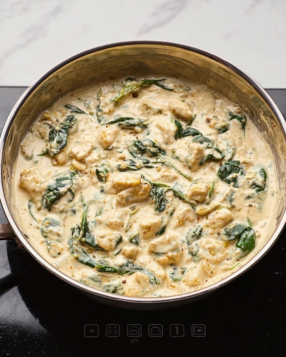A close-up view of a round stainless steel pan with a creamy white sauce mixed with chunks of soft, light beige pieces and scattered dark green spinach leaves. The sauce looks thick and textured with herbs, covering the contents evenly. The pan is placed on a black electric stovetop with simple control icons visible on the surface. The background shows a white marbled texture. photo taken with an iphone --ar 4:5 --v 7