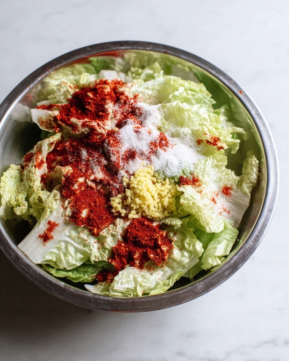 A large metal bowl filled with several layers of pale green, crinkled lettuce leaves as the base. On top of the lettuce, there are splashes of bright red chili powder scattered unevenly across the surface. White granules of salt are sprinkled around the chili powder in small clusters. A small mound of finely minced yellow garlic sits near the center, adding texture contrast. The bowl is placed on a white marbled surface, creating a fresh and clean background. Photo taken with an iphone --ar 4:5 --v 7