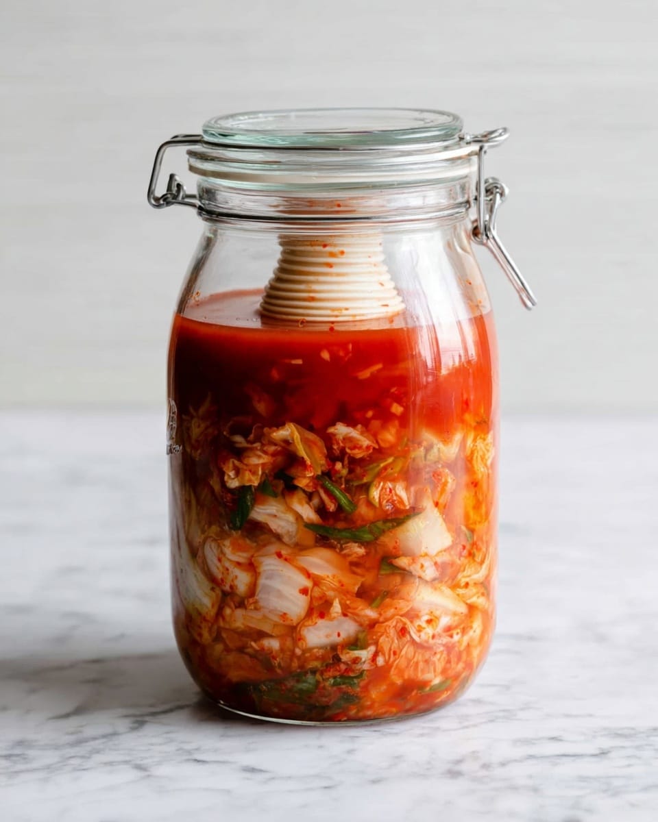A clear glass jar sealed with a metal clip contains a layered mixture of kimchi. The bottom layer is a mix of chopped white cabbage and orange-red fermented vegetables with visible green flecks, creating a textured and chunky base. Above it, there is a thicker, smoother red liquid layer of kimchi juice, filling the upper part of the jar around a small white, ridged, cylindrical object submerged in the liquid near the top. The jar is placed on a white marbled surface with a blurred white marbled background. photo taken with an iphone --ar 4:5 --v 7