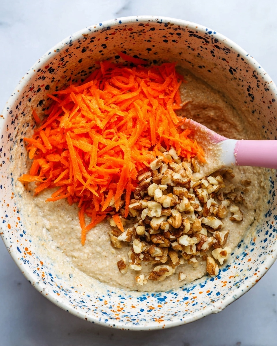 A white bowl with blue, orange, and black speckles holds a thick beige batter at the bottom layer. On top of the batter, there is a pile of bright orange shredded carrots on the left and a pile of small brown chopped nuts on the right. A pink and white spoon is partially buried in the batter on the right side. The bowl sits on a white marbled surface. Photo taken with an iphone --ar 4:5 --v 7