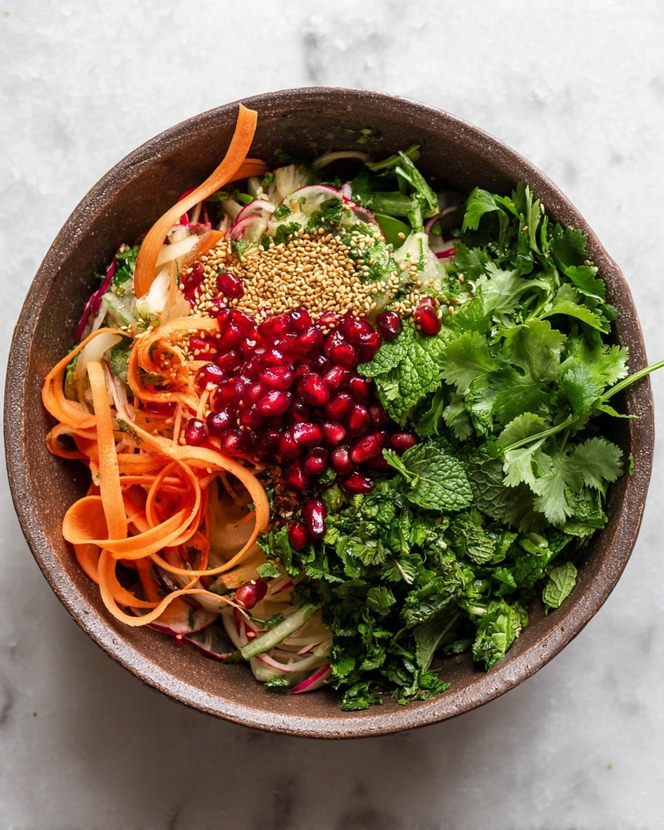 A brown bowl filled with a fresh salad sits on a white marbled surface. The bottom layer has thin, curly ribbons of orange carrot and cream-colored radish with purple edges. Bright green cilantro leaves cover most of the middle layer, mixed with a smaller pile of chopped dark green mint leaves on one side. Scattered golden sesame seeds add texture on the left, while a cluster of shiny, deep red pomegranate seeds is placed in the center, standing out against the greens and oranges. The bowl shows a rough, natural texture and the ingredients look fresh and colorful. photo taken with an iphone --ar 4:5 --v 7