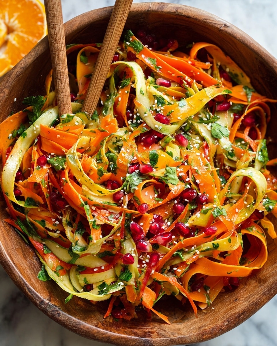 A wooden bowl filled with a colorful salad made of thin, long ribbons of orange carrots, light yellow and red-striped vegetables, and fresh green herbs scattered throughout. The ribbons have a soft, smooth texture and curl naturally, mixed with shiny red pomegranate seeds adding bright spots of color. Small sesame seeds are sprinkled over the top, giving a light, dotted pattern. Two wooden chopsticks are placed vertically inside the bowl, partly buried in the salad. The bowl sits on a white marbled surface and part of a sliced orange is visible blurred in the background. Photo taken with an iphone --ar 4:5 --v 7