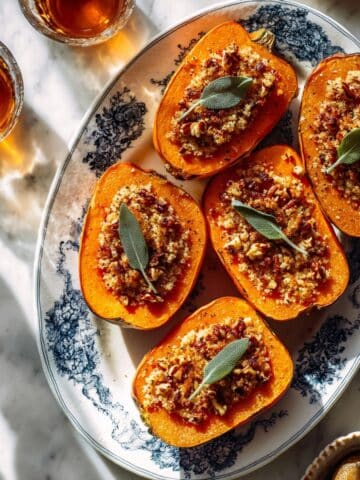 Twice-Baked Honeynut Squash with Sage, Pecan Topping, and Maple Crème Filling Recipe