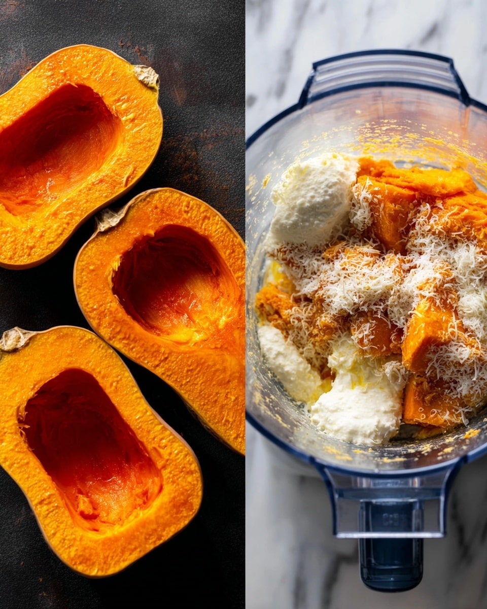 The image is split into two parts: on the left, there are three hollowed, roasted orange squash halves with a soft texture, placed on a dark surface; on the right, an overhead view of a food processor bowl shows a mixture inside, including the orange squash, white cheese, and a sprinkle of grated cheese on top, all with a creamy texture. The contrast of bright orange squash against white cheese and a clear container is clear, with a white marbled background visible beneath. photo taken with an iphone --ar 4:5 --v 7