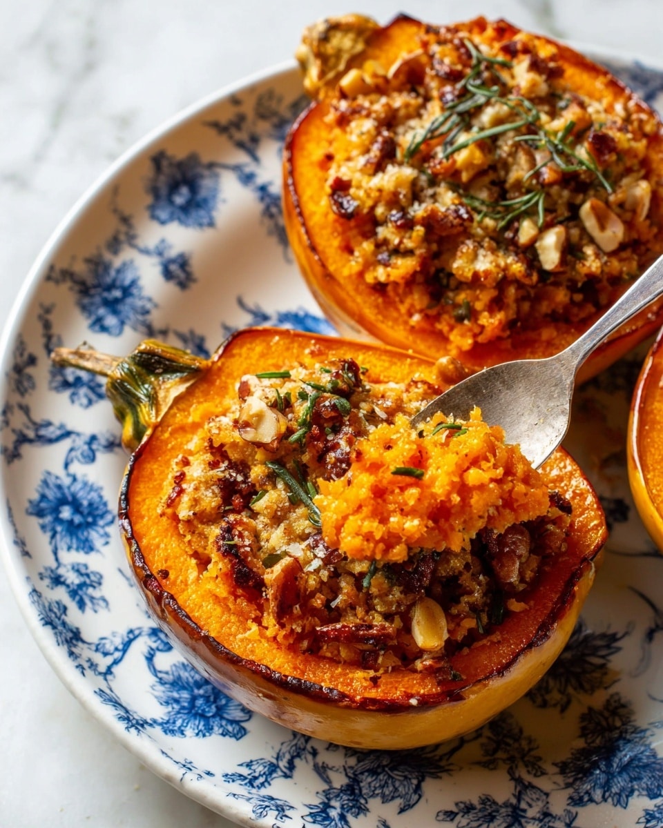 The image shows a roasted squash cut in half, placed on a white plate with blue floral patterns on a white marbled surface. Each squash half has three layers: the base is the orange soft squash flesh, the middle layer is a mashed orange filling mixed with some small green herb pieces, and the top layer is a crumbly, browned topping with chopped nuts and herb leaves scattered around. A metal spoon scoops into the mashed filling of one half, lifting some soft orange mixture. The squash stems are still attached and slightly browned. photo taken with an iphone --ar 4:5 --v 7