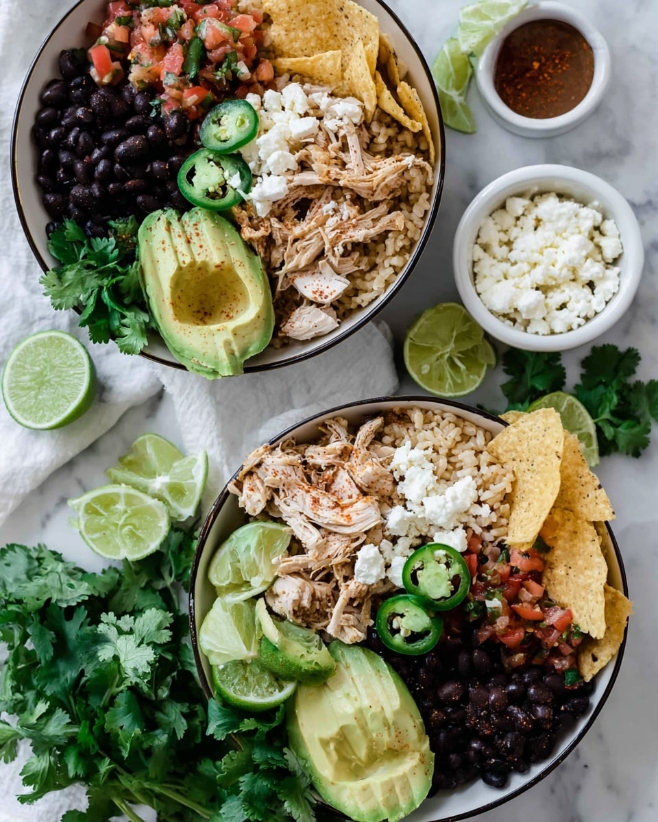 A white bowl is filled with layers of food arranged in sections: shredded light brown chicken on the left, a half of green avocado with chili flakes and light grill marks in the center top, crispy light beige chips stacked on the right, and black beans near the bottom right. There are slices of dark green jalapeño peppers placed over a layer of reddish brown rice in the center. White crumbled cheese is sprinkled near the beans, and fresh green cilantro leaves and a lime wedge rest on the right side. The bowl is held by a woman's hand against a white marbled surface. Photo taken with an iphone --ar 4:5 --v 7