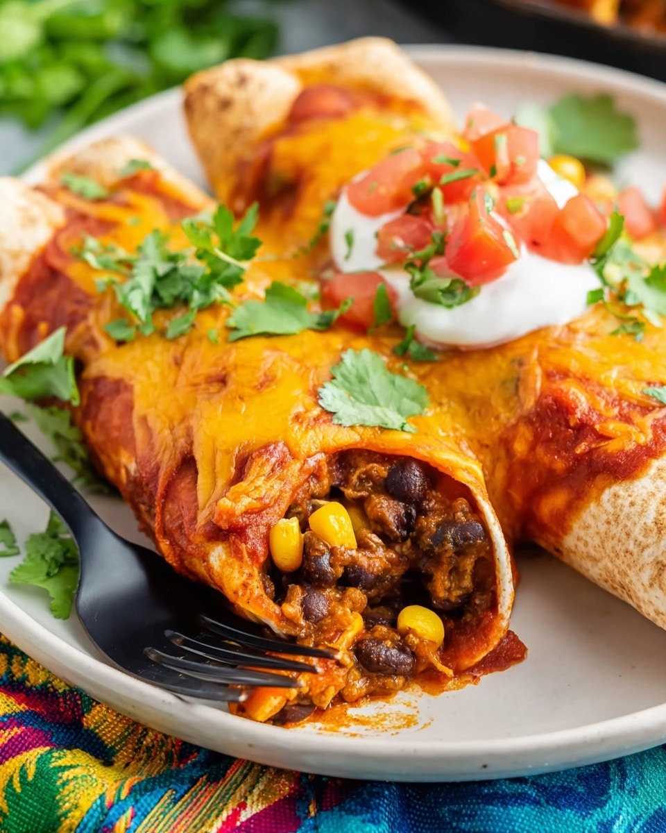 A plate of two rolled enchiladas covered with melted orange cheese and red sauce, topped with a dollop of white sour cream, small chopped red tomatoes, and green chopped cilantro in the center; beside the enchiladas is a heap of orange rice mixed with dark red beans and sprinkled with bits of green cilantro; two lime wedges sit on the edge of the plate. Around the main plate, there is a clear bowl of dark black beans on the left, a white bowl of orange rice with beans on the right, and a white bowl with white sour cream below; above, there is a white bowl filled with chunky green guacamole topped with small pieces of red tomato and cilantro. The scene is set on a wooden table with a colorful striped cloth underneath the main plate and a white marbled textured background. Two black forks rest to the right of the main plate. Photo taken with an iphone --ar 4:5 --v 7