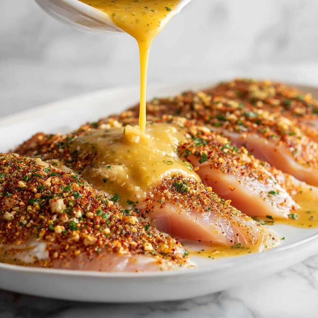 The image shows several raw pink salmon fillets arranged close together on a white dish, each fillet covered with a reddish-brown mix of spices and green herbs scattered evenly on the surface. A thick, light yellow sauce is being poured over the center of one fillet from above, with a chunk of the same sauce resting on the salmon. The background is a white marbled texture. photo taken with an iphone --ar 4:5 --v 7
