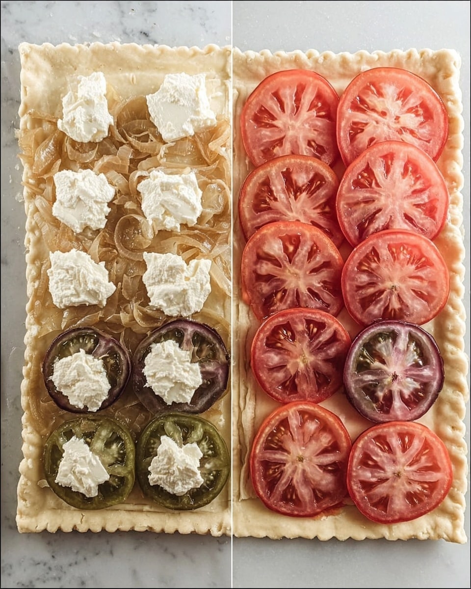 The image shows a two-step process of making a square tart on a flat dough base with raised edges. On the left side, the tart dough is topped evenly with a thin layer of cooked light brown onions, and dollops of white cheese are spaced on top in three rows of four. On the right side, the tart has a second layer of tomato slices neatly placed in three rows of three; the top row has pinkish-red tomatoes, the middle row consists of dark greenish-purple tomatoes, and the bottom row has light pink tomatoes, all covering the cheese layer beneath. The tart sits on a white marbled surface. Photo taken with an iphone --ar 4:5 --v 7