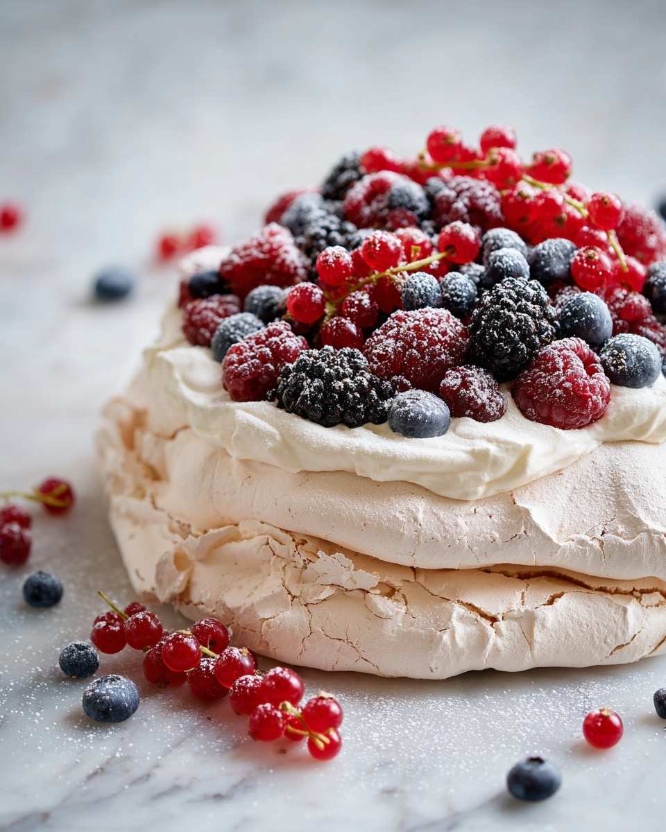 A dessert with three layers is shown: the bottom layer is a light beige meringue with a dry cracked texture and ruffled edges. On top of this is a thick layer of white whipped cream spread unevenly. The top layer is a mix of fresh berries including blackberries, blueberries, raspberries, and bright red currants scattered generously across the cream. Some berries have a light dusting of powdered sugar. There are a few berries scattered around the dessert on the white marbled surface. The photo is taken with an iphone --ar 4:5 --v 7