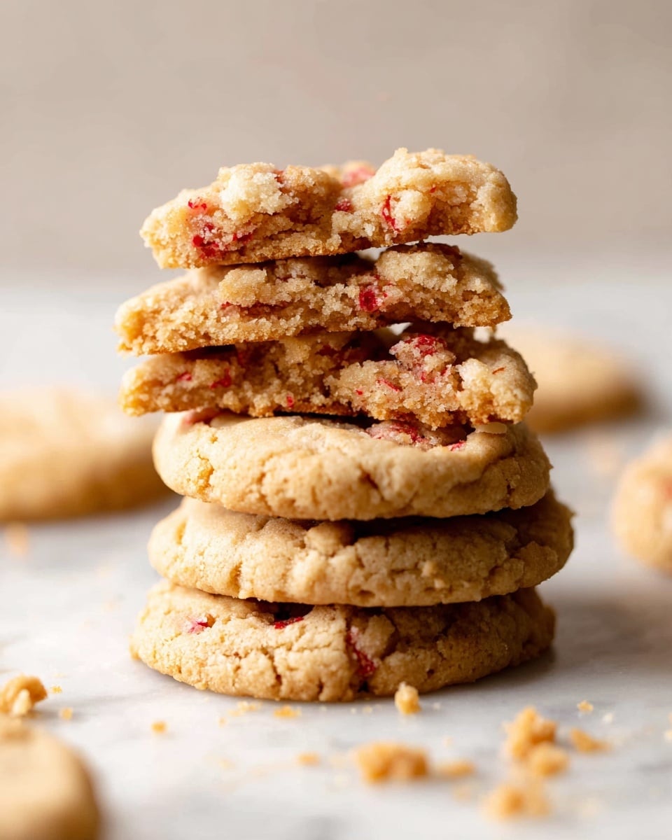 A stack of six light brown cookies sits on a white marbled surface, with the top three cookies stacked unevenly, showing their soft, crumbly texture and tiny red bits inside. The bottom three cookies lie flat and whole, while the top three are broken in half, revealing soft interiors with a mix of smooth and crumbly textures. Small crumbs are scattered around the base of the stack, adding to the fresh baked look. The soft lighting highlights the contrast between the cookies’ slightly crispy edges and tender centers. photo taken with an iphone --ar 4:5 --v 7