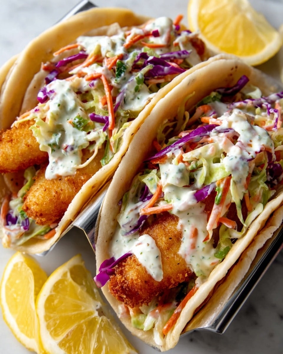 Two soft toasted tortillas hold golden brown fried fish with a crispy texture. On top of the fish, there is a colorful mix of shredded purple cabbage, green cabbage, and thin orange carrot strips, all coated lightly with a white creamy sauce. The tacos rest in a metal holder on a white marbled surface, with two lemon wedges in the background slightly blurred. The overall look is fresh and vibrant with layers of different colors and textures. photo taken with an iphone --ar 4:5 --v 7