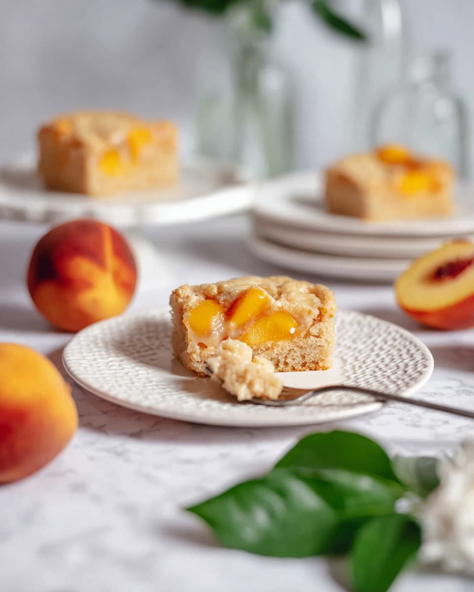 A single square piece of light brown peach cake sits on a white textured plate, showing soft cake layers with chunks of bright orange-yellow peach inside. A small fork rests on the plate with a bite of the cake on it. In the background, there is another similar peach cake square on a white plate, and three whole peaches with a green leaf below them rest on a white marbled surface. The image is softly lit with a blurred background that includes a glass bottle and other white plates. Photo taken with an iphone --ar 4:5 --v 7