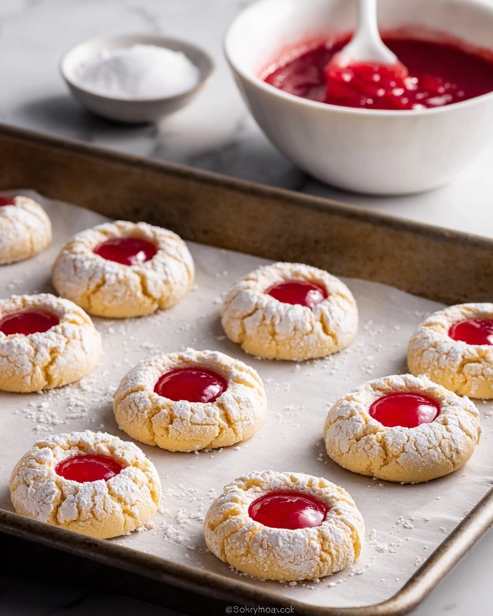 The image shows a baking tray lined with parchment paper holding nine round cookies. Each cookie has two layers: an outer ring of pale golden dough dusted with white powdered sugar creating a cracked texture, and a smooth, glossy bright red dollop of filling in the center. The tray is on a white marbled surface. In the background, there is a white bowl filled with more bright red filling with a white spoon inside it and a small white bowl filled with coarse salt. Photo taken with an iphone --ar 4:5 --v 7