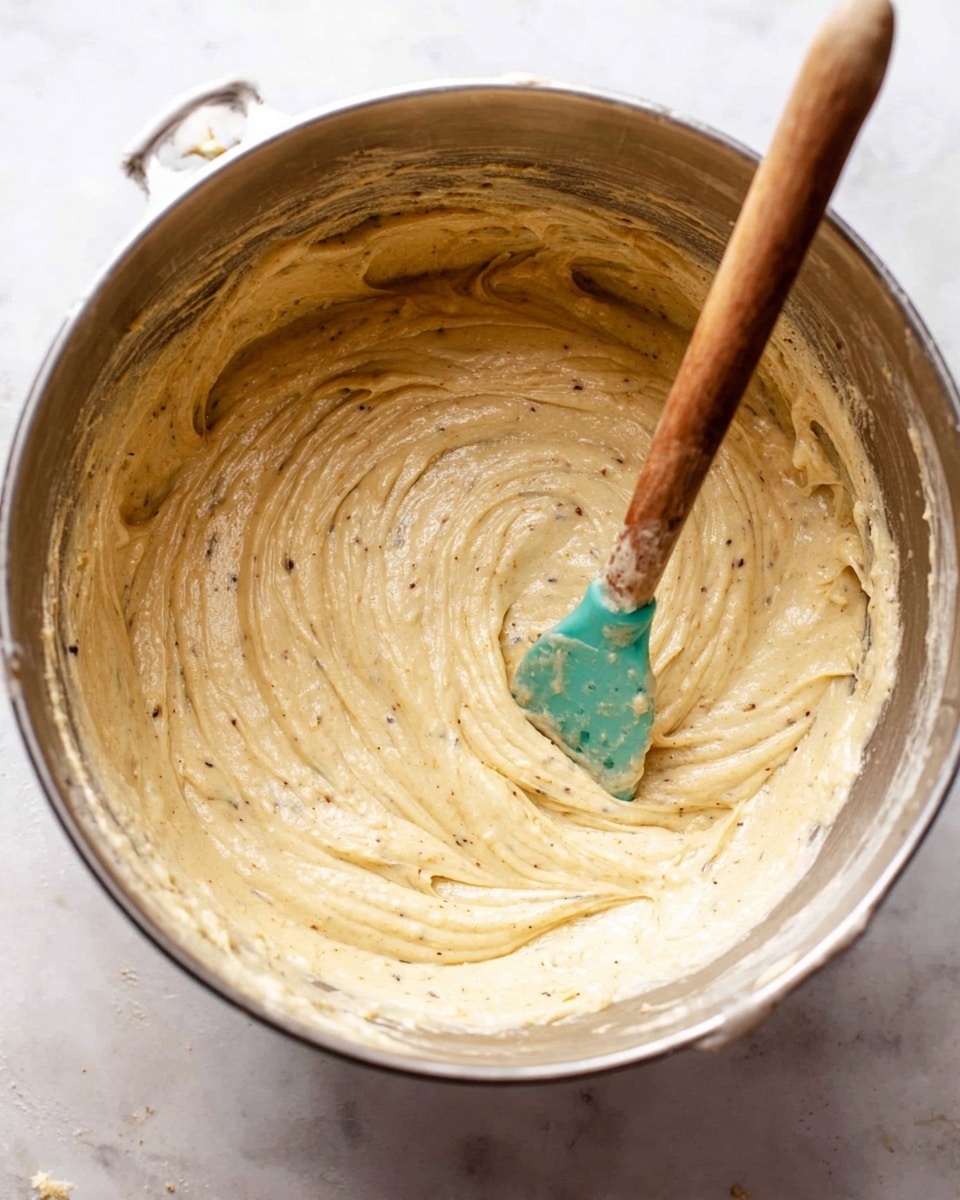 A close-up view inside a silver mixing bowl filled with a thick, creamy batter that is light yellow with small darker specks scattered throughout. The batter has a smooth texture with some swirls showing where it has been stirred. A wooden-handled spatula with a teal rubber tip rests inside the bowl, partially covered with batter. The bowl sits on a white marbled surface. photo taken with an iphone --ar 4:5 --v 7