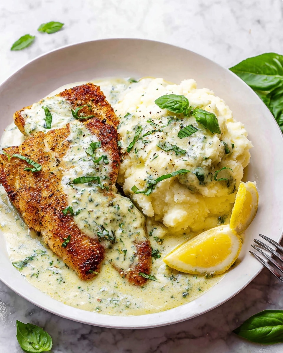 The dish has two main layers: on the left, two pieces of golden brown, seasoned cooked fish filet with a slightly crispy texture sit side by side, covered partly with a creamy, light green herb sauce garnished with small fresh basil leaves; on the right, a large scoop of white mashed potatoes topped with the same creamy herb sauce and sprinkled with chopped green herbs, accompanied by two bright yellow lemon wedges nestled beside the potatoes. The food is served on a white plate placed on a white marbled surface, with scattered green basil leaves around. A silver fork rests near the lemon wedges. Photo taken with an iphone --ar 4:5 --v 7