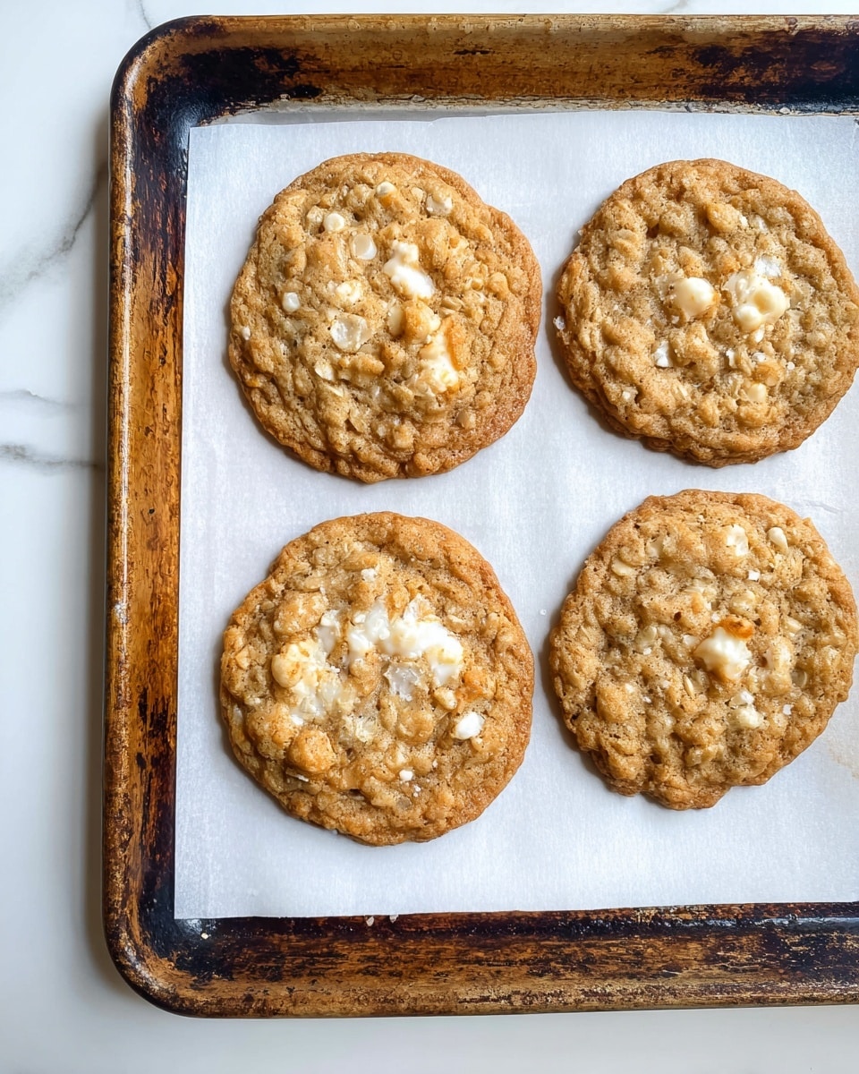 A single round cookie with a rough, golden-brown surface is torn into two uneven halves. The inside shows a soft, melted white filling that stretches in thin strands between the two pieces. The cookie has a slightly crisp edge with small chunky bits and a few grains of coarse salt sprinkled on top. The cookie is placed on a white marbled surface. photo taken with an iphone --ar 4:5 --v 7