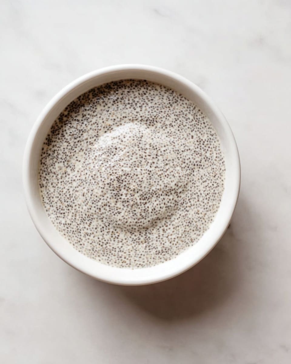A white bowl filled with a smooth, creamy mixture of soaked chia seeds that create a speckled texture in the pale liquid, evenly spread and slightly raised in the center, sitting on a white marbled surface with soft natural light highlighting the tiny seeds throughout the pudding, showing a gentle contrast between the white liquid and dark chia seeds photo taken with an iphone --ar 4:5 --v 7