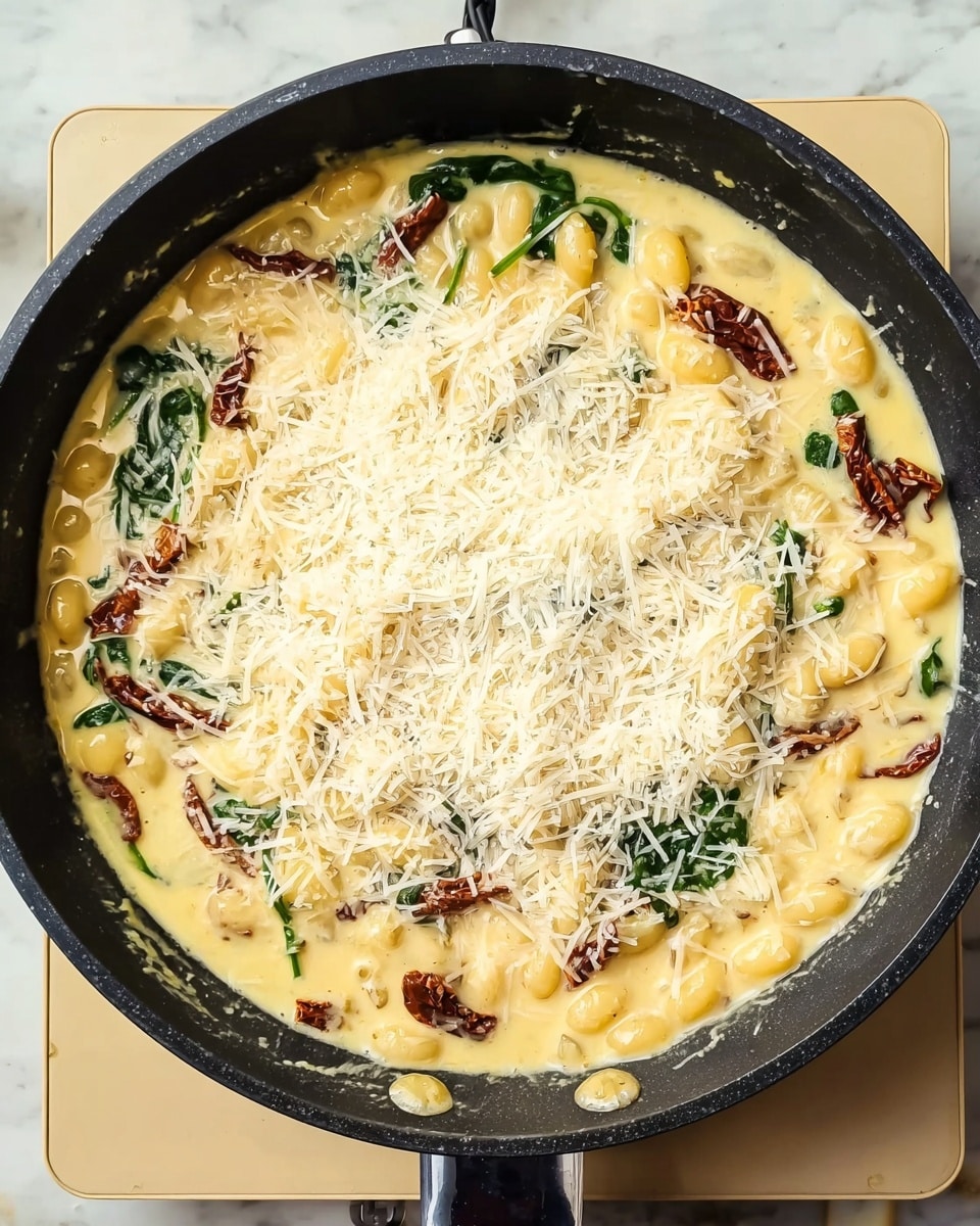 The image shows a black pan filled with three layers of food. The bottom layer is small pasta pieces in a creamy light yellow sauce that spreads to the pan's edges. On top of this are scattered dark red sun-dried tomatoes and wilted dark green spinach leaves, all mixed within the sauce. The top layer is a thick sprinkle of grated white cheese, mainly concentrated in the center and spreading slightly outward. The pan sits on a white marbled surface with a beige electric stove underneath. photo taken with an iphone --ar 4:5 --v 7
