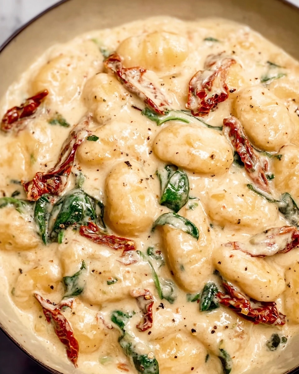 The dish shows a creamy white sauce full of soft, smooth gnocchi pieces that have a slightly uneven shape and light golden color. Mixed in are thin strips of sun-dried tomatoes with a dark red and wrinkled texture, and scattered bright green spinach leaves that add a fresh look. The sauce looks thick and glossy, covering every piece evenly, with some small black pepper specks and herbs giving a speckled touch. The whole dish sits on a white marbled textured surface, focusing closely on the rich details of the creamy sauce and ingredients. photo taken with an iphone --ar 4:5 --v 7