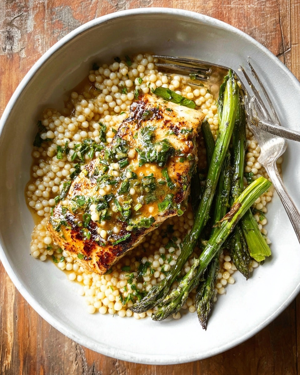 A white bowl holds a meal with three main parts: a large piece of golden-brown cooked fish with green herbs and sauce on top, a bed of small, light-colored pearl couscous around and partially under the fish, and several bright green grilled asparagus spears lying on top of the couscous to the right of the fish. A silver fork rests on the right side of the bowl, partially in the couscous. The background shows a wooden surface, which should be imagined as a white marbled texture. photo taken with an iphone --ar 4:5 --v 7