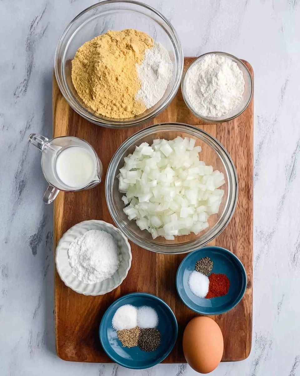 The image shows six clear glass bowls and one small gray bowl arranged on a wooden board placed on a white marbled surface. The top large glass bowl contains two powders side by side, one light yellow and the other white. Below it, a medium glass bowl is filled with chopped white onions. Next to the onion bowl, a glass measuring cup holds a white liquid. To the left, a small white bowl has a white powder separated into two sections. To the right, a small blue bowl contains five different spices, including black, white, and red colors. In front of these, a small gray bowl contains a white powder, and a single brown egg is placed on the wooden board near the bottom right. Photo taken with an iphone --ar 4:5 --v 7