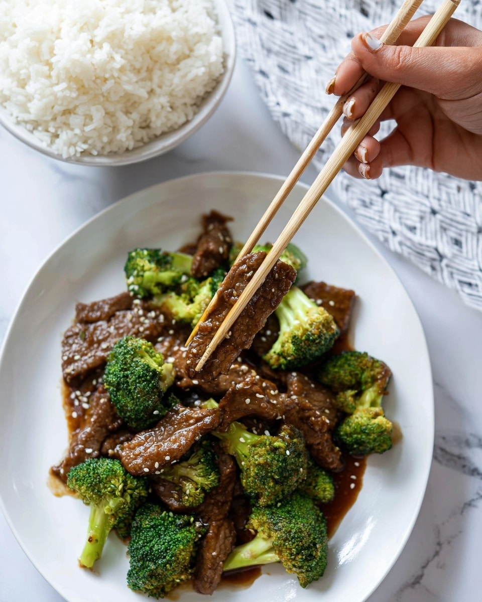 A white plate holds a serving of stir-fried beef and bright green broccoli pieces, all coated in a glossy brown sauce with sesame seeds sprinkled on top. The beef strips are tender and slightly shiny, mixed evenly with vibrant broccoli florets which add a fresh green contrast. Above the plate, a woman's hand uses light-colored wooden chopsticks to pick up a piece of beef. In the background, there is a white bowl filled with fluffy white rice placed on a white marbled surface. Photo taken with an iphone --ar 4:5 --v 7