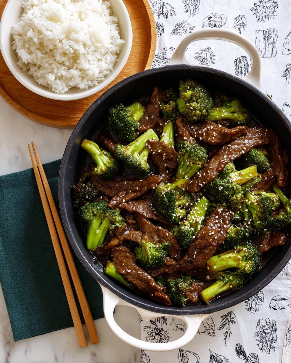 The image shows a close-up of a white handled black pan filled with beef and broccoli stir-fry. The bottom layer is steamed bright green broccoli florets with a slightly crisp texture. On top are slices of cooked brown beef coated with a shiny dark brown sauce, giving it a moist look. Small white sesame seeds are sprinkled over the dish, adding contrast. The pan is placed on a white marbled surface, with a blurred white bowl of rice and light wood basket visible in the background. Photo taken with an iphone --ar 4:5 --v 7