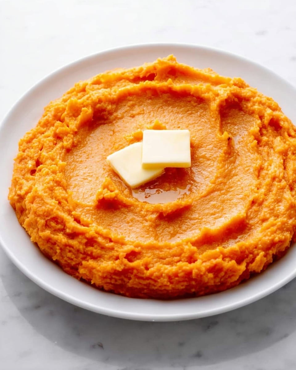A white plate holds a single layer of smooth orange mashed sweet potatoes spread out evenly with a slightly rough texture along the edges. In the center of the mashed sweet potatoes, there is a small rectangular piece of butter resting flat. The background is a white marbled texture. photo taken with an iphone --ar 4:5 --v 7