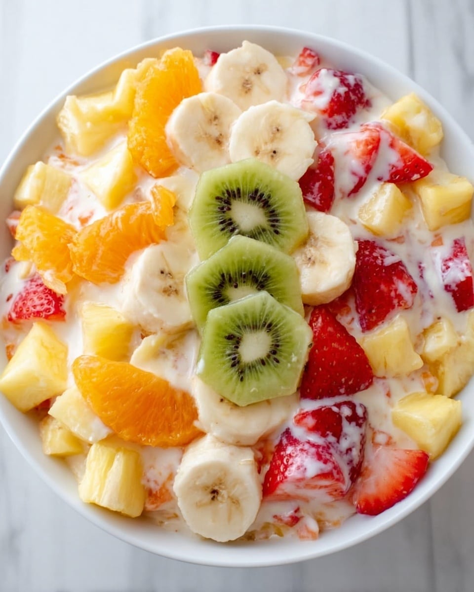 A white bowl filled with a creamy mix of small fruit pieces and yogurt. The bottom layer is a mix of white yogurt and creamy textures with chunks of light yellow pineapple and orange segments evenly spread. Above this is a layer of sliced red strawberries and circular slices of pale yellow banana scattered around. On the very top, there are two bright green slices of kiwi fruit placed in the middle. The bowl sits on a white marbled surface, and a silver spoon is dipping into the bowl from the left side. Photo taken with an iphone --ar 4:5 --v 7