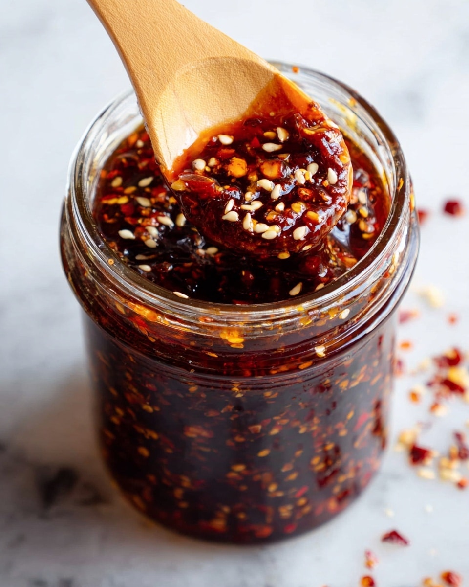 A close-up of a clear glass jar filled with dark red chili sauce mixed with orange chili flakes and white sesame seeds visible throughout, with a light tan wooden spoon scooping some sauce from the top, the sauce showing a thick and slightly chunky texture with shiny oil spots, and some scattered chili flakes and sesame seeds around the jar on a white marbled surface photo taken with an iphone --ar 4:5 --v 7