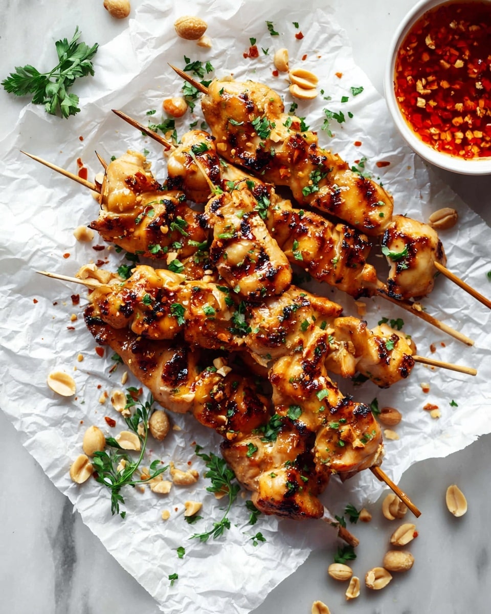 Two wooden skewers each hold multiple pieces of grilled chicken with a golden-brown, slightly charred color. The pieces are coated in a glossy sauce that has sesame seeds sprinkled on top. The skewers rest on white parchment paper, garnished with chopped green herbs and scattered roasted peanuts. On the side, there is a white bowl filled with a reddish-brown dipping sauce containing chopped peanuts. The whole scene is set on a white marbled surface. photo taken with an iphone --ar 4:5 --v 7