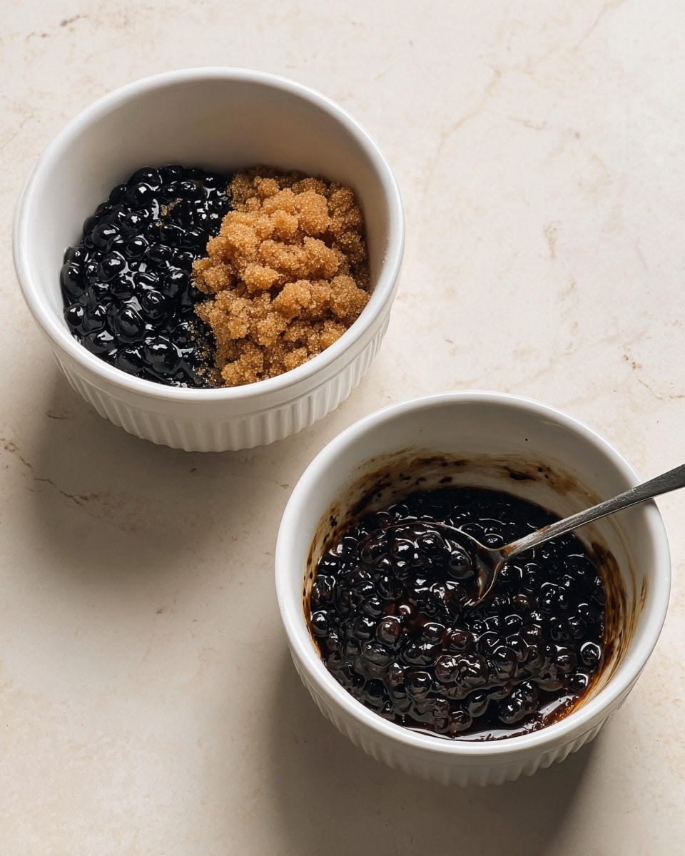 Two white bowls sit on a white marbled surface. The left bowl has a layer of shiny, dark black tapioca pearls with a large pile of light brown sugar crystals on top. The right bowl shows the black tapioca pearls fully mixed with the brown sugar, creating a glossy, dark sticky mixture with a silver spoon resting inside. The bowls have a simple round shape with subtle vertical ridges on the sides. photo taken with an iphone --ar 4:5 --v 7