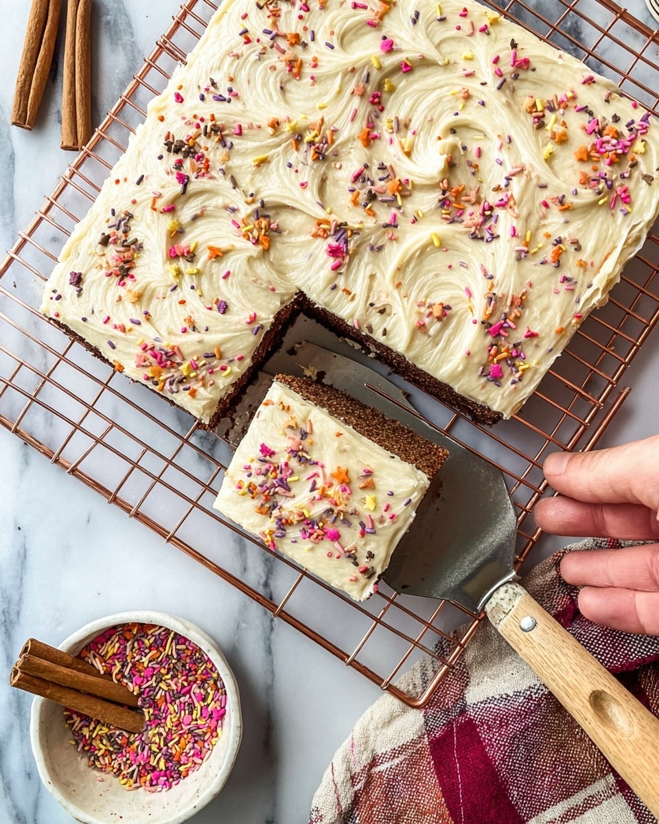 A square cake with one slice lifted showing two layers: a dark brown bottom layer and a thick creamy light beige frosting top layer. The frosting has soft swirls and is sprinkled with small colorful round and stick-shaped sprinkles in shades of pink, orange, yellow, purple, and brown. The cake sits on a copper cooling rack over a white marbled surface, with a woman's hand holding a metal spatula with a wooden handle underneath the slice. Next to the cake is a small white bowl filled with the same colorful sprinkles and cinnamon sticks are placed on the white marbled surface. A red, cream, and brown plaid cloth is partially visible on the right. Photo taken with an iphone --ar 4:5 --v 7
