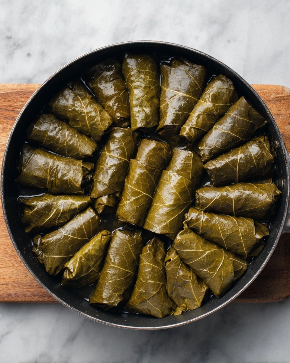 A black pan is filled with tightly rolled grape leaves stuffed neatly and placed close together in layers. Each grape leaf roll is a deep green color with a slightly shiny, wet texture, covering the entire surface of the pan. The pan is sitting on a wooden board, which contrasts with the white marbled surface under it. The grape leaves are uniform in size and shape, making the dish look organized and tidy. photo taken with an iphone --ar 4:5 --v 7