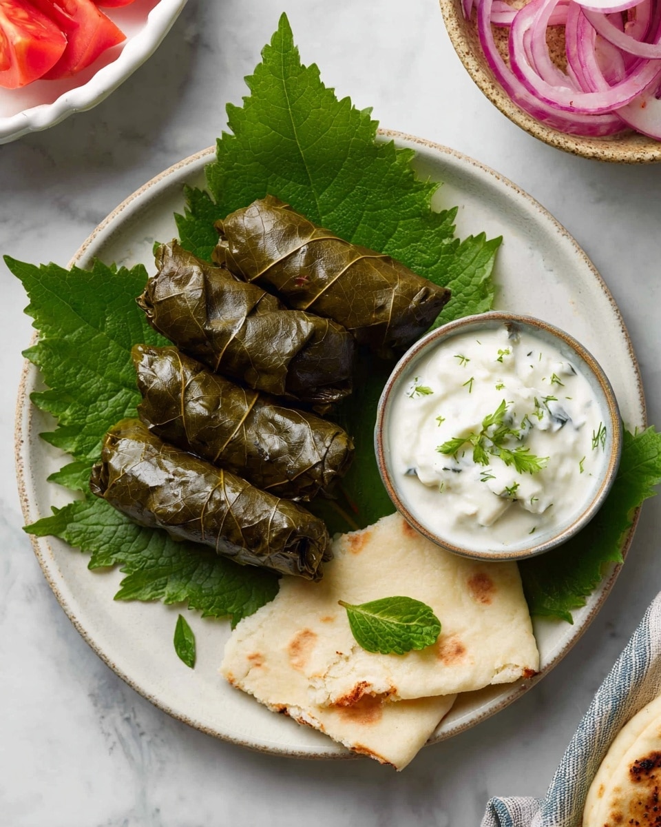 The image shows a white plate with five rolled grape leaves filled with a rice mixture placed in the center, their dark green color and glossy texture are clearly visible. To the right on the plate, there is a small round bowl filled with white yogurt sauce with green herbs mixed in, showing a creamy texture. At the bottom of the plate, there are two pieces of soft, beige flatbread garnished with a small green herb leaf. The plate is garnished with fresh green leaves, placed around the grape leaves for decoration. The setting sits on a white marbled surface, with part of a white bowl containing sliced red tomatoes and red onion visible in the upper left corner. Photo taken with an iphone --ar 4:5 --v 7