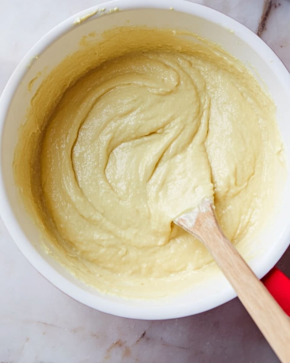 A close-up view of a white bowl filled with thick, smooth, pale yellow batter that has a creamy texture. The batter shows soft swirls and gentle peaks from being stirred. On the right side of the bowl, a wooden spatula with some batter on it rests partially inside. The bowl sits on a white marbled surface, and the upper right corner of the image shows a part of a red handle attached to the bowl. photo taken with an iphone --ar 4:5 --v 7
