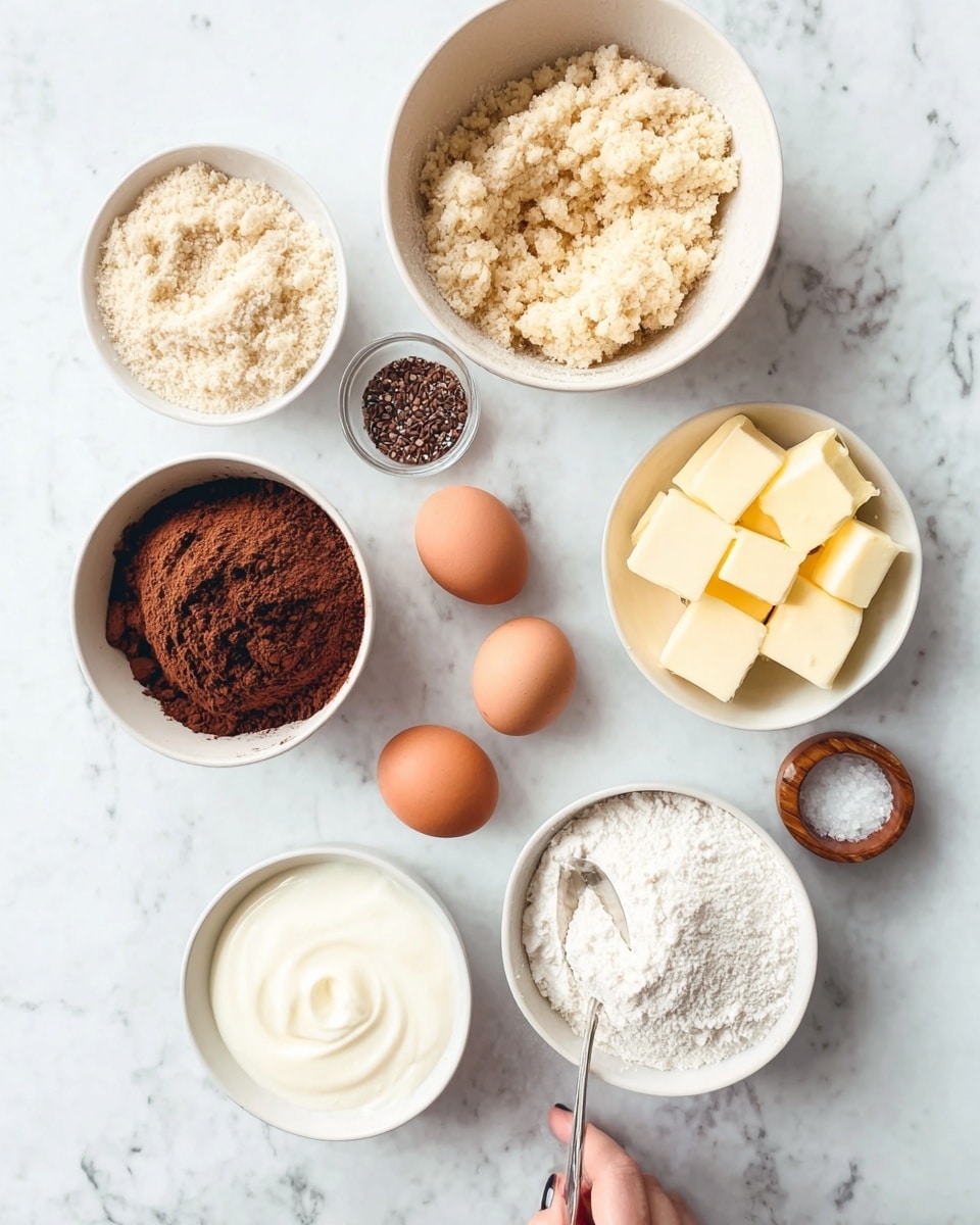 The image shows several white bowls of different sizes arranged on a white marbled surface, each containing different baking ingredients. One bowl holds light yellow cubes of butter, positioned on the right side. A larger bowl near the center is filled with a crumbly light beige mixture. Another bowl towards the front contains white flour, and nearby is a bowl with creamy white thick yogurt or cream. Below the crumbly mixture is a smaller bowl filled with brown cocoa powder. Four brown eggs rest together near the top center. Additionally, there is a small bowl with a dark, sticky substance mixed with small seeds, a small glass of clear liquid, and a wooden container of coarse salt with a spoon resting next to it. A woman’s hand is gently holding the spoon. The photo is taken with an iphone --ar 4:5 --v 7