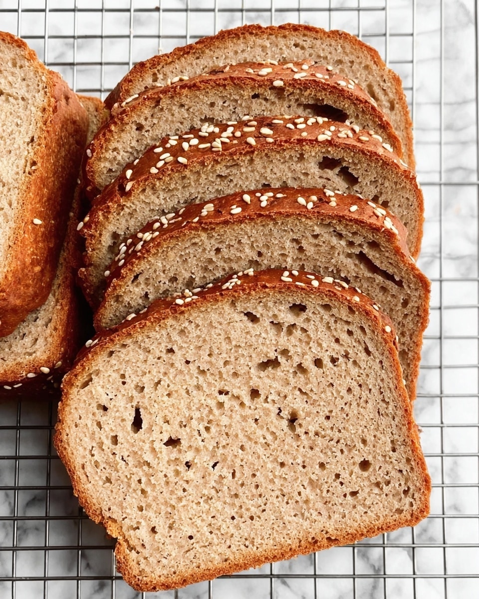 A group of thick, soft slices of brown bread with a slightly coarse texture, laid side by side on a wire cooling rack over a white marbled surface. The bread's crust is a darker brown with a rough appearance and scattered sesame and flax seeds on top, contrasting with the lighter, uniform interior of each slice pierced by small air holes. The slices are arranged in two neat rows, showing the fresh, sturdy nature of the bread. Photo taken with an iphone --ar 4:5 --v 7