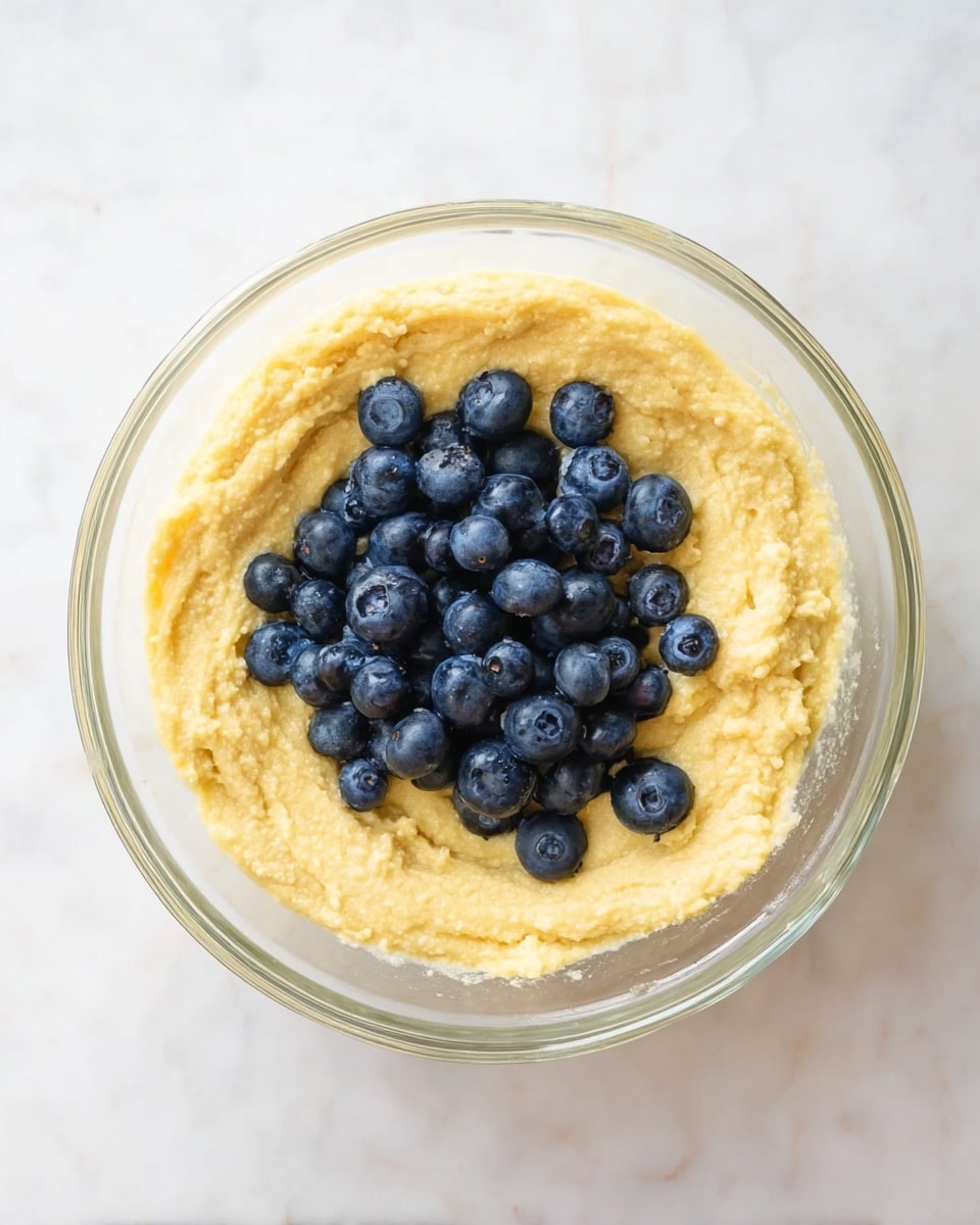A clear glass bowl sits on a white marbled surface, filled about halfway with a thick, light yellow batter that has a smooth, slightly grainy texture. On top of the batter, there is a cluster of fresh blueberries, dark blue to purple in color, scattered mostly in the center but covering a small part of the surface. The bowl’s round shape and the contrast between the yellow batter and the deep blue berries create a fresh and simple look. photo taken with an iphone --ar 4:5 --v 7